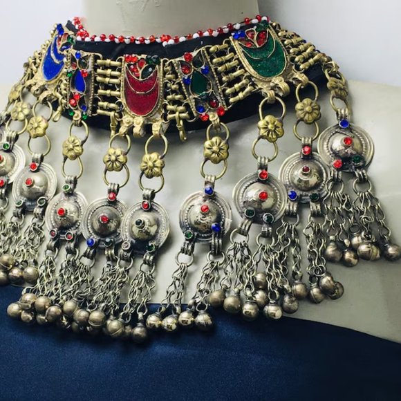 Vintage Choker Necklace, Handcrafted Tribal Collar Choker Necklace With Dangling - Picture 2 of 16